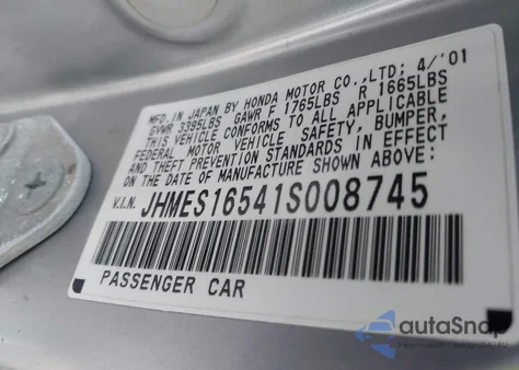 2001 Honda Civic Lx from USA, damaged, VIN JHMES16541S008745